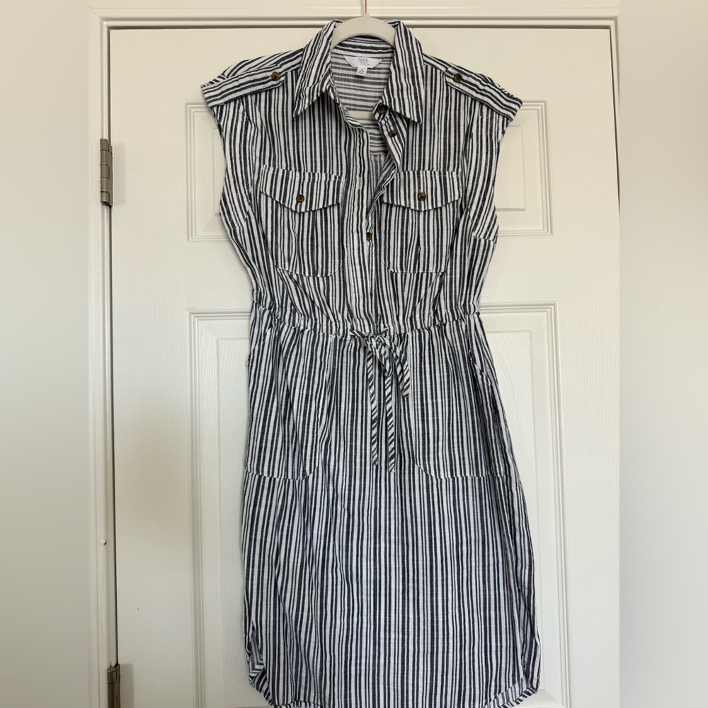 Striped Shirt Dress Black White Button Front Drawstring Waist